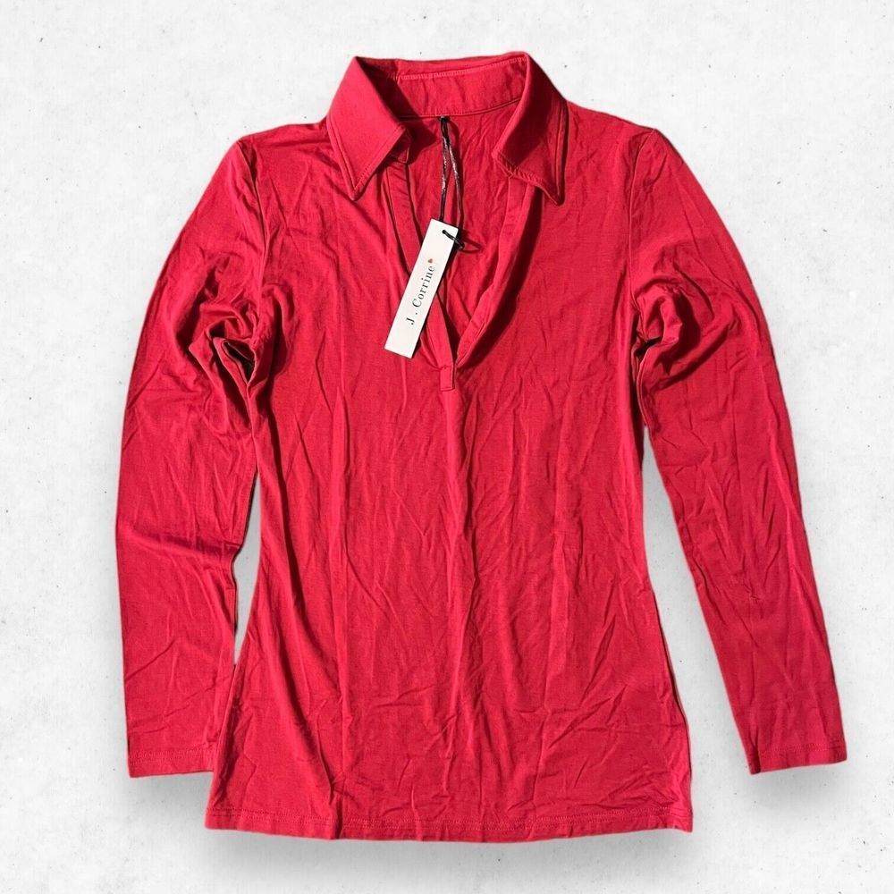 J. Corrine Red Polo Blouse Women's Size Small‎ Long Sleeve Deep V Neck Stretch